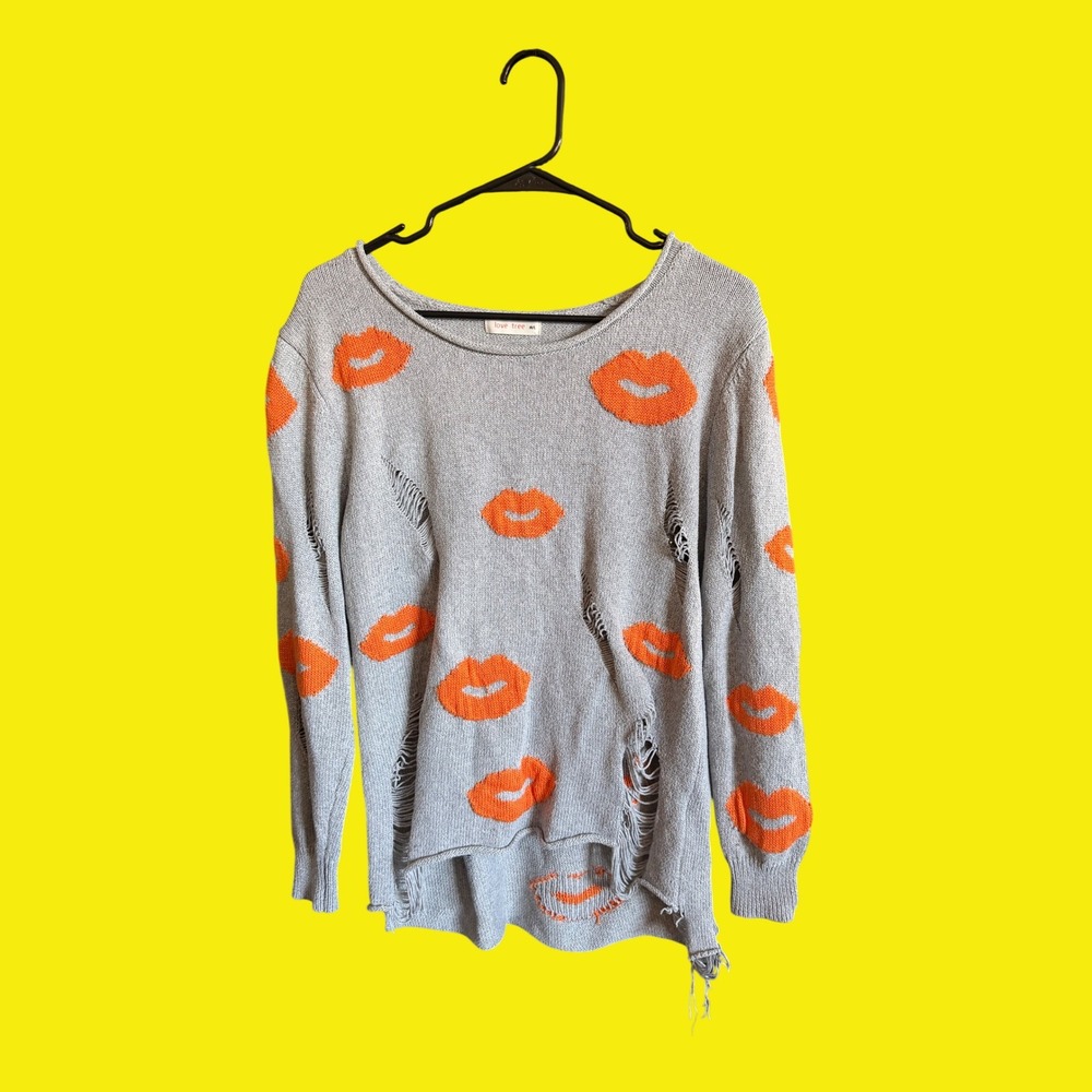 Love Tree Distressed Lips Knit Sweater Grey Orange Grunge Streetwear ML